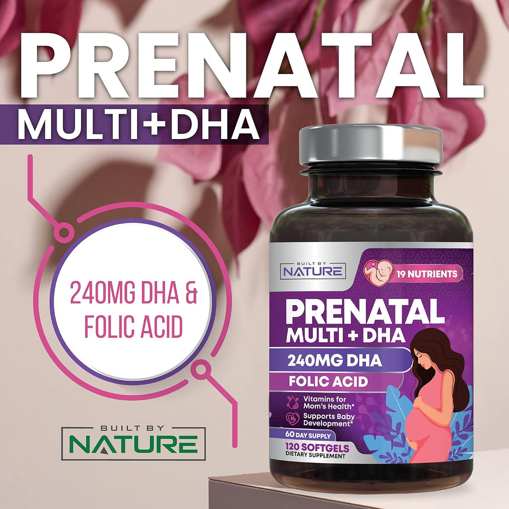 Built by Nature Vitaminas Prenatales para Mujeres - 120 Softgels con DHA y Omega-3, Ácido Fólico, Vitamina C, B12 y Hierro