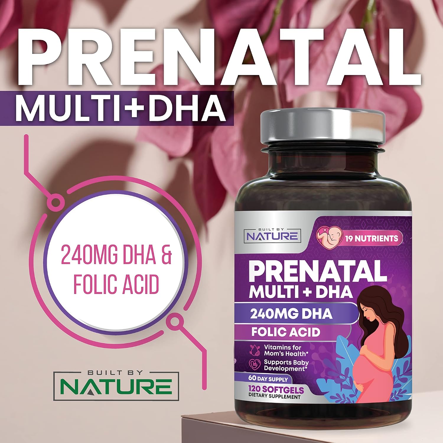 Built by Nature Vitaminas Prenatales para Mujeres - 120 Softgels con DHA y Omega-3, Ácido Fólico, Vitamina C, B12 y Hierro