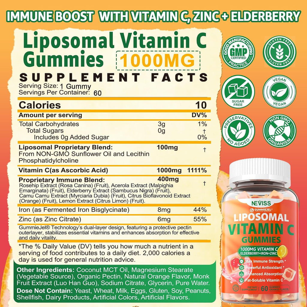 Liposomal Vitamin C 1000mg Gummies - Gomitas de Vitamina C Liposomal con Saúco, Zinc y Hierro, Sin Azúcar, 60 unidades