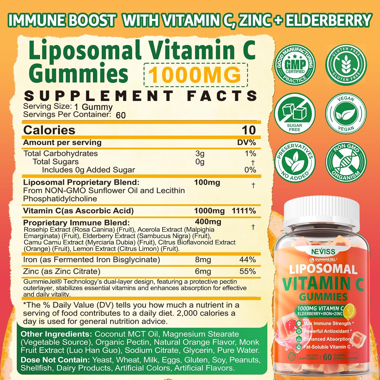 Liposomal Vitamin C 1000mg Gummies - Gomitas de Vitamina C Liposomal con Saúco, Zinc y Hierro, Sin Azúcar, 60 unidades