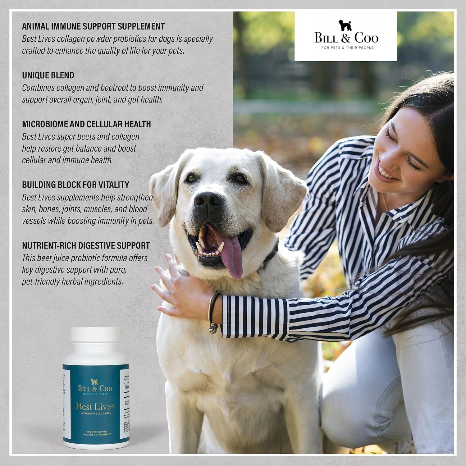 BILL & COO Best Lives Suplemento de Fibra con Probióticos, Colágeno Bovino y Remolacha para Perros - 90g