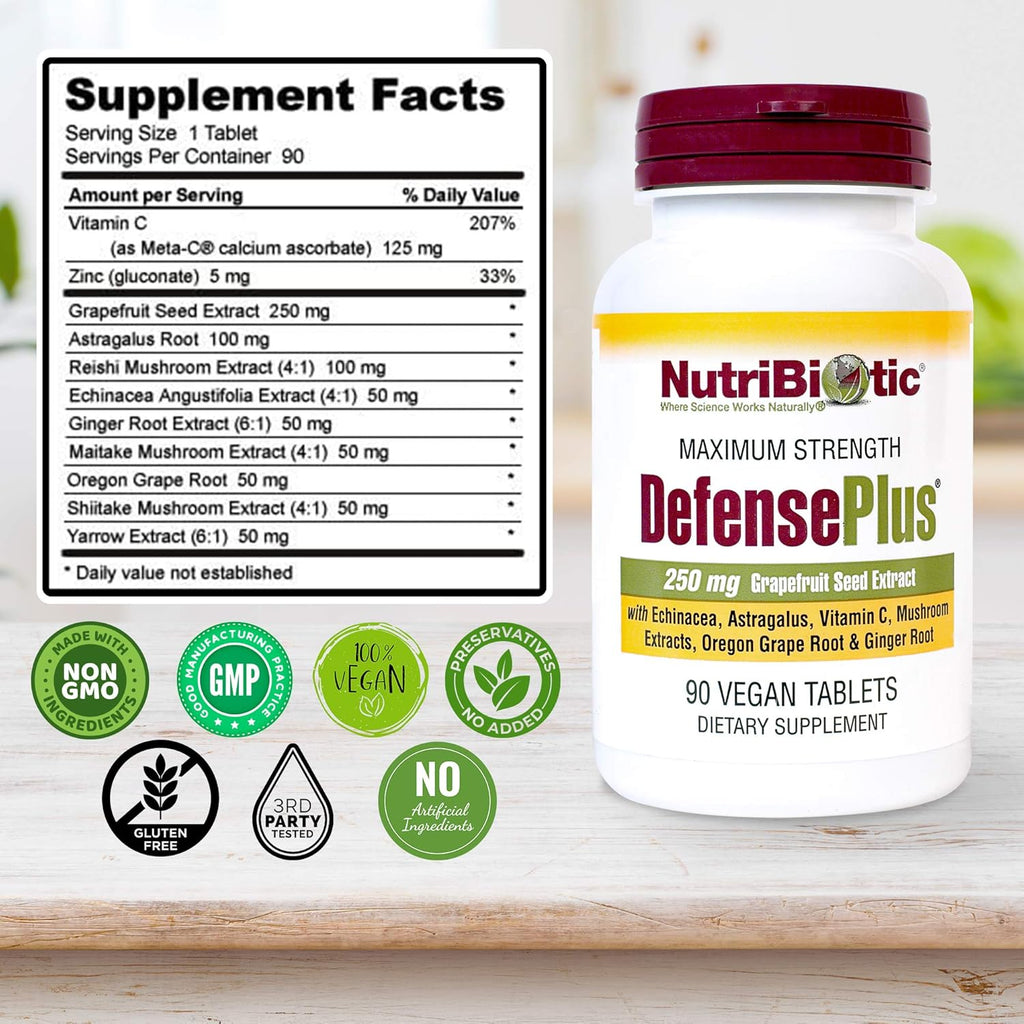 NutriBiotic – DefensePlus, 90 Comprimidos – Apoyo Inmunitario 11 en 1 con Vitamina C, Zinc, Extracto de Semilla de Pomelo, Equinácea, Astrágalo y Hongos – Vegano y Sin Gluten