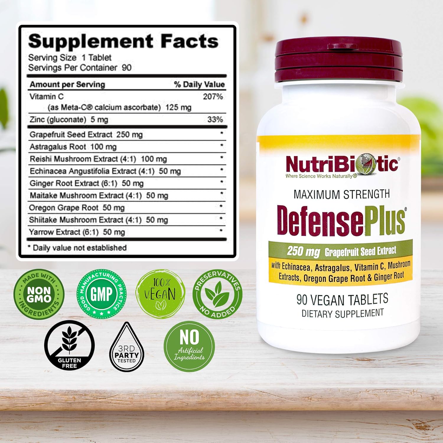 NutriBiotic – DefensePlus, 90 Comprimidos – Apoyo Inmunitario 11 en 1 con Vitamina C, Zinc, Extracto de Semilla de Pomelo, Equinácea, Astrágalo y Hongos – Vegano y Sin Gluten