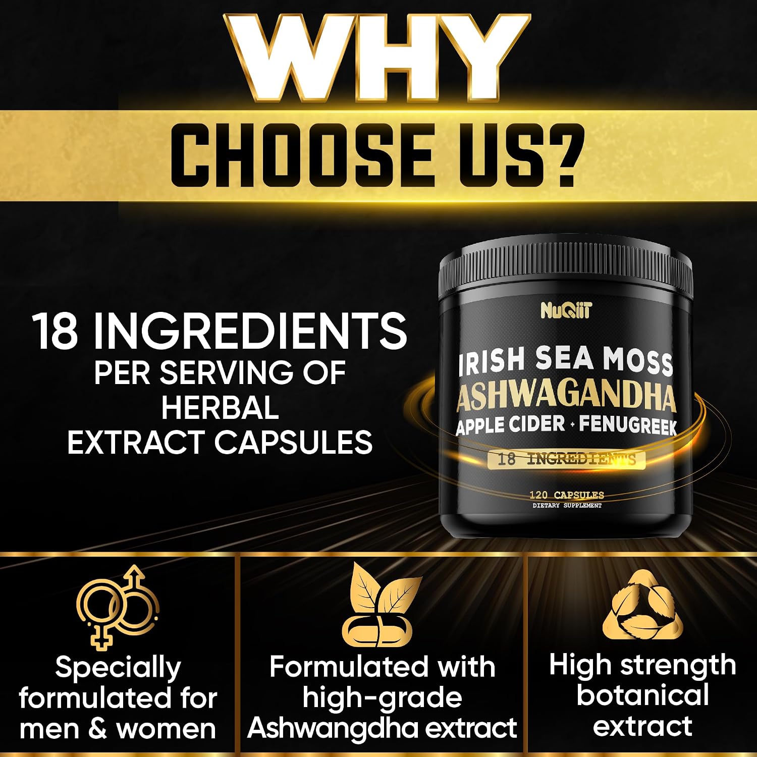 NUQIIT Cápsulas Orgánicas de Ashwagandha con Irish Sea Moss, Vinagre de Manzana y Más - 120 Cápsulas Veganas