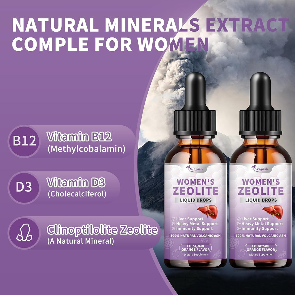 Gotas Premium de Zeolita para Mujeres - 99%+ Ceniza Volcánica Natural Pura con Vitamina B12 y D3 - 118 ml