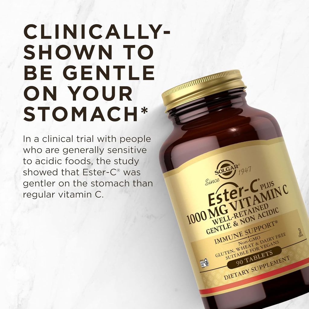 Solgar Ester-C Plus 1000 mg Vitamina C, 90 Comprimidos - Suave para el Estómago, No Ácido, Antioxidante y Apoyo Inmunológico - Sin Gluten, Vegano, Kosher