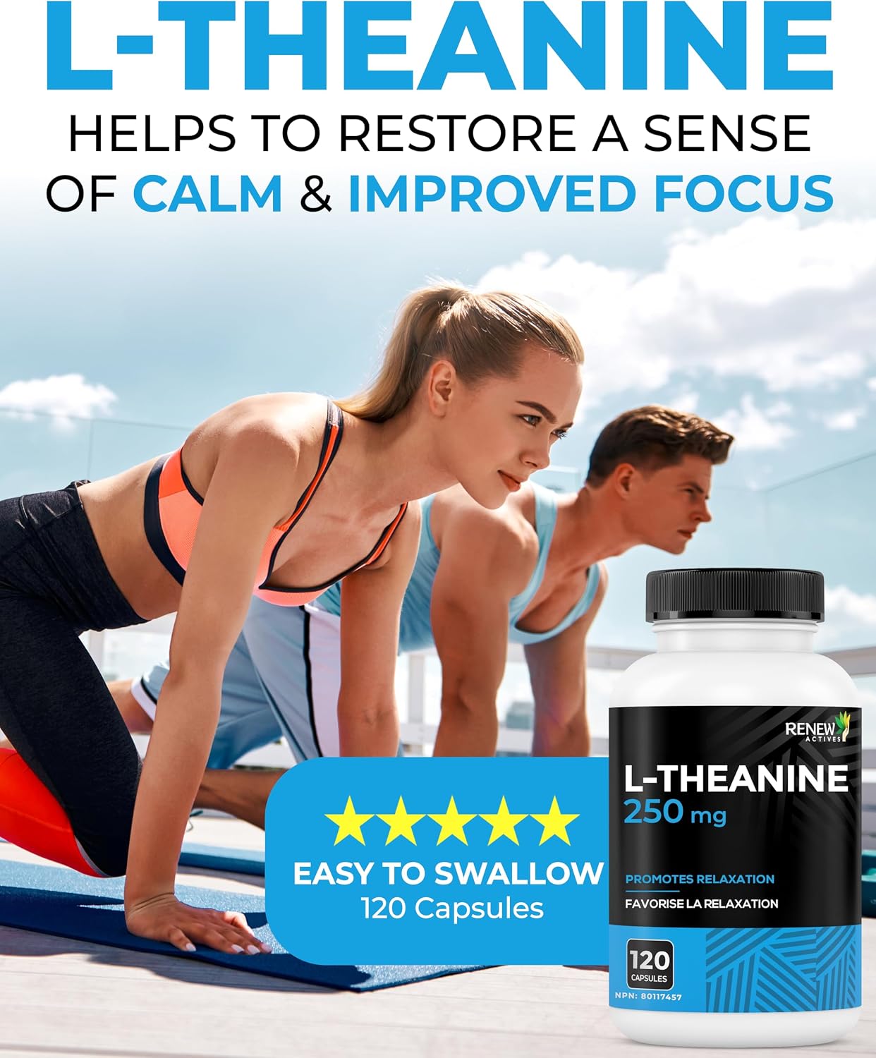 Renew Actives L-Teanina 250 mg – 120 Cápsulas para Relajación y Enfoque