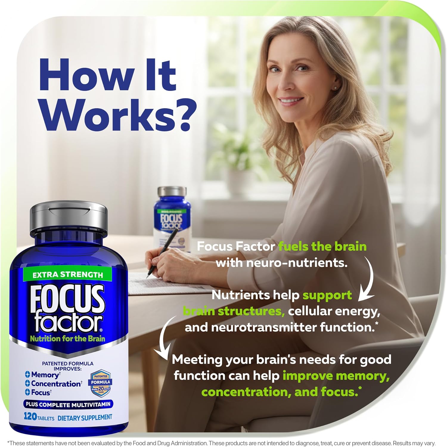 Focus Factor Adults Extra Strength, 120 Comprimidos - Suplemento para la Memoria, Concentración y Enfoque - Multivitamínico Completo con DMAE, Vitamina D, DHA