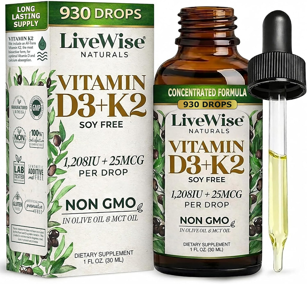 Live Wise Naturals Vitamina D3 K2 Gotas para Adultos, Ultra Concentradas | 930 Gotas, 1208 UI Vitamina D3, 25 mcg (MK-7)