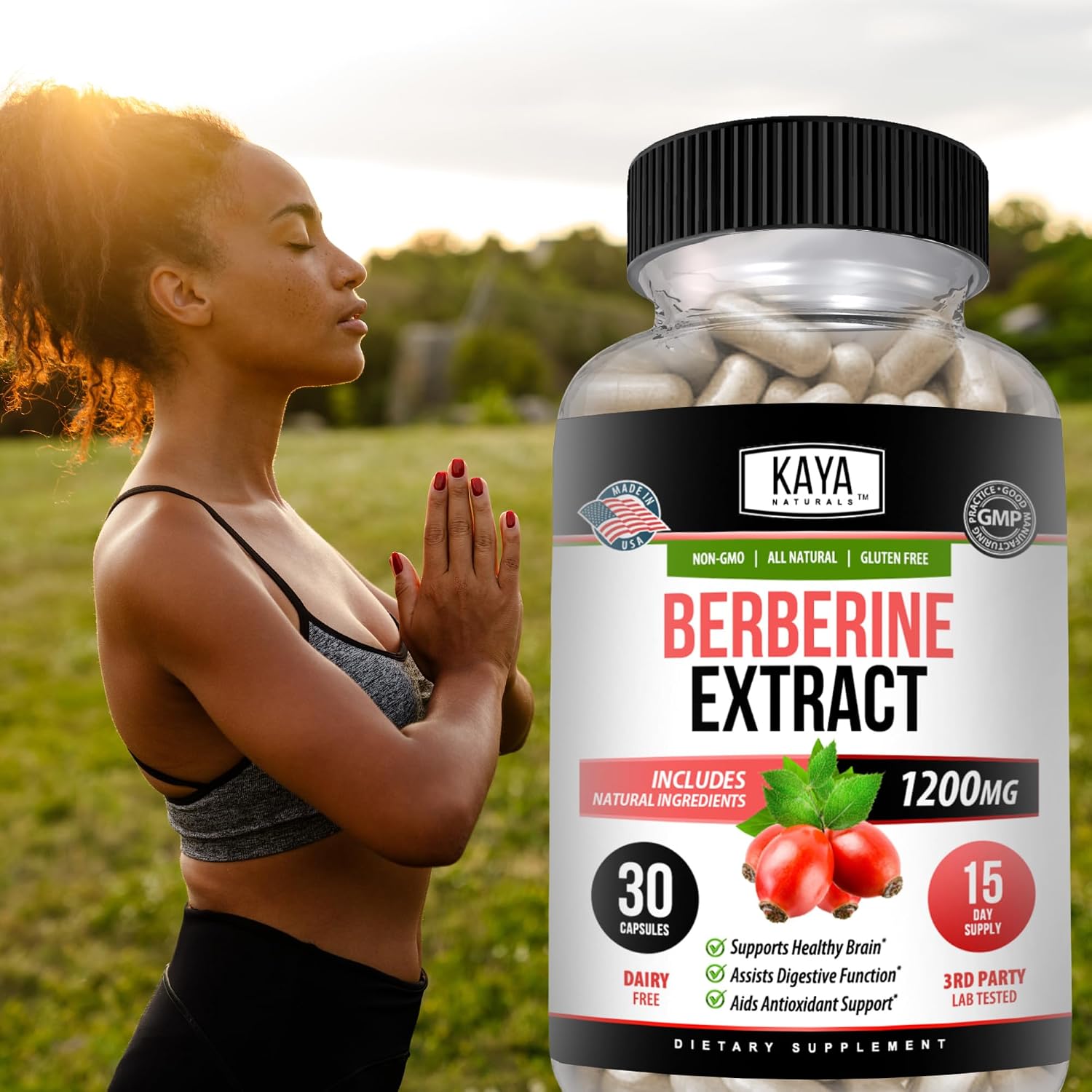 Kaya Naturals Berberine HCL Extract 1200mg - Sistema Inmunitario, Niveles de Glucosa, Salud Intestinal (30 Cápsulas)