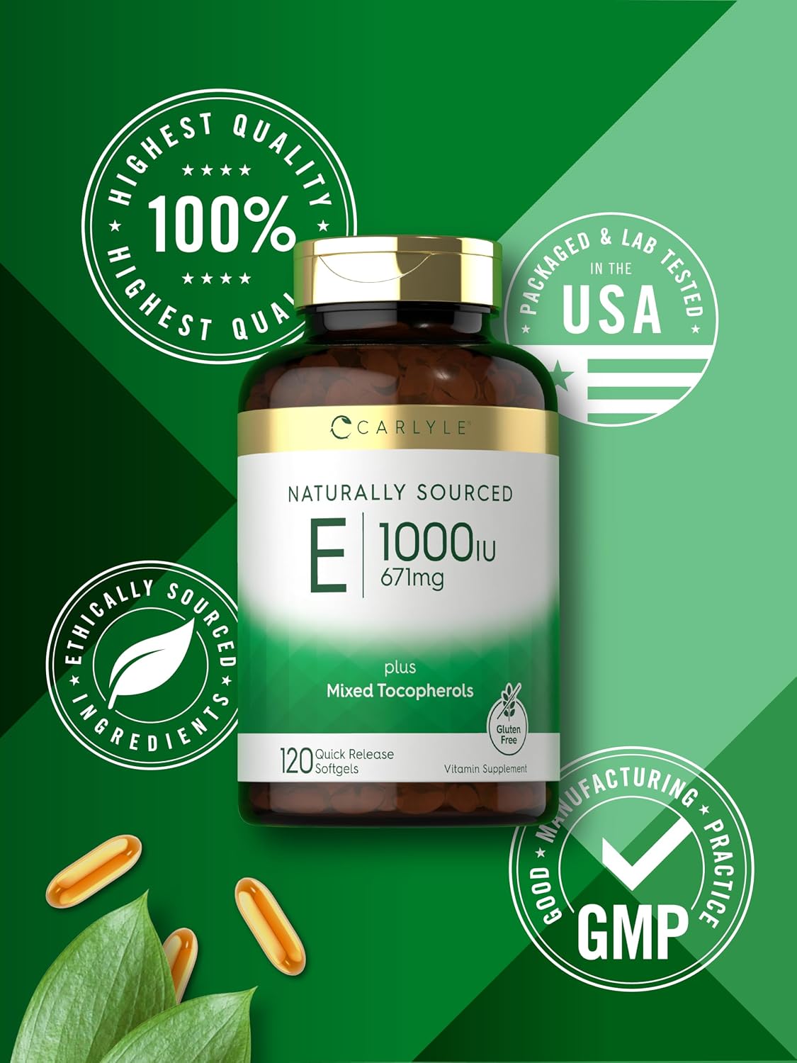 Carlyle Vitamina E 1000 UI con Tocoferoles Mixtos, 120 Cápsulas Blandas
