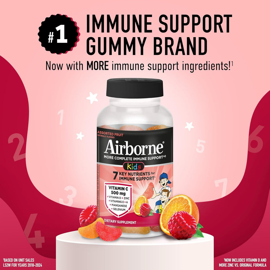 Airborne Kids Immune Support Gummies, Sabor Frutas Variadas, 42 unidades - 500 mg de Vitamina C + Vitaminas A, D, E + Zinc, Selenio, Manganeso | Mezcla de Hierbas | Sabor Natural