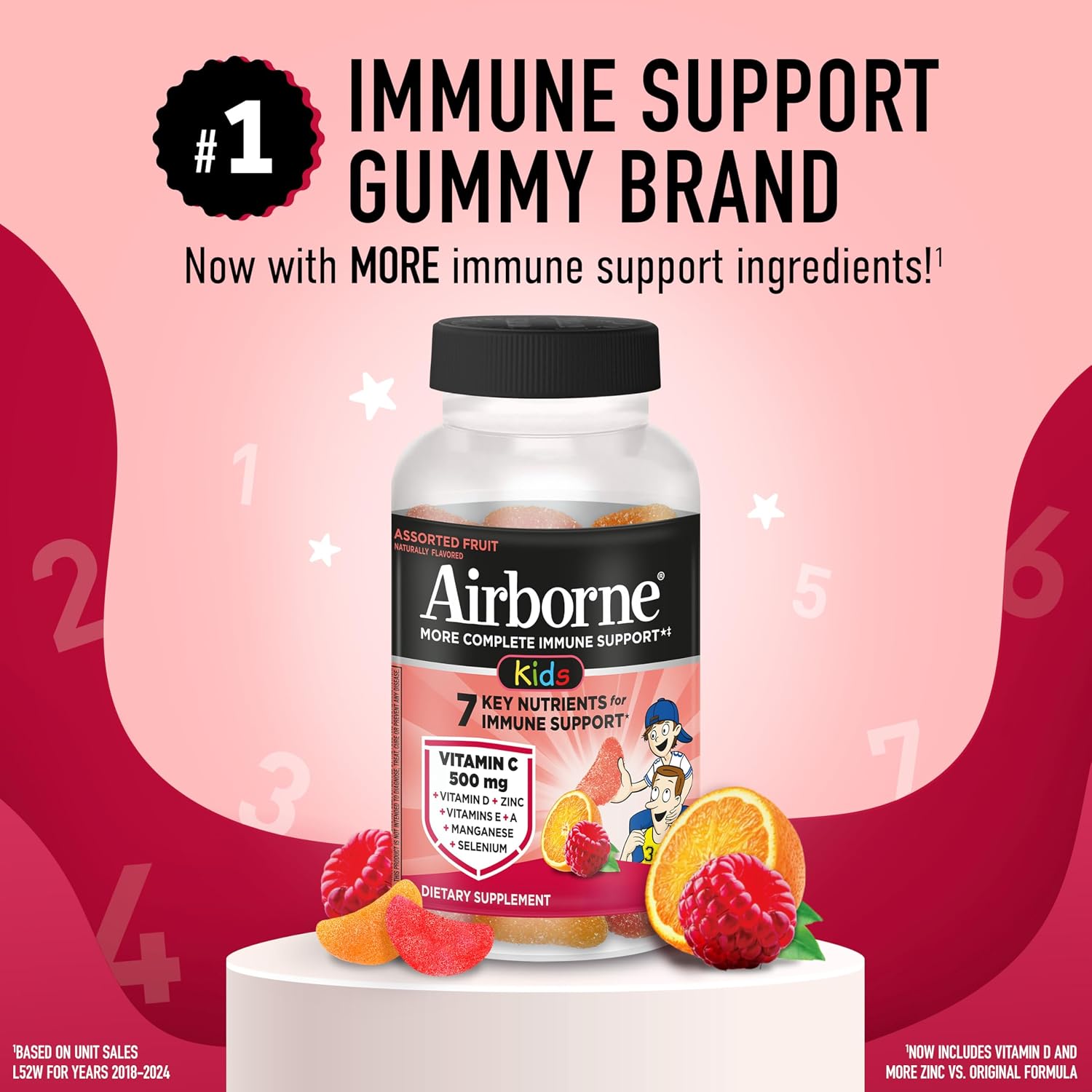 Airborne Kids Immune Support Gummies, Sabor Frutas Variadas, 42 unidades - 500 mg de Vitamina C + Vitaminas A, D, E + Zinc, Selenio, Manganeso | Mezcla de Hierbas | Sabor Natural