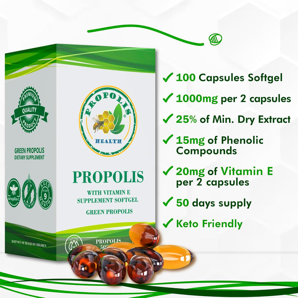 Propolis Health Cápsulas de Propóleo con Vitamina E 1000mg (100 Cápsulas)