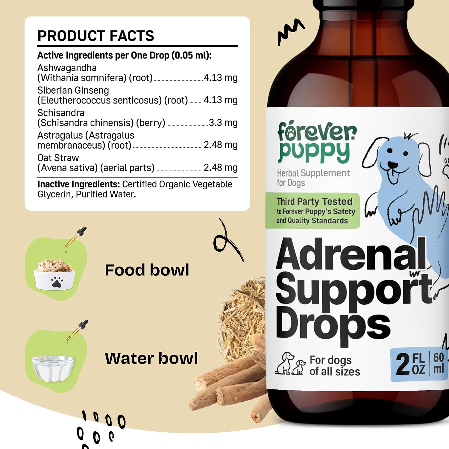 Forever Puppy Adrenal Support Drops para Perros - Gotas de Ashwagandha y Ginseng para Apoyo Adrenal y Energía - Suplemento Líquido Calmante - 60 ml