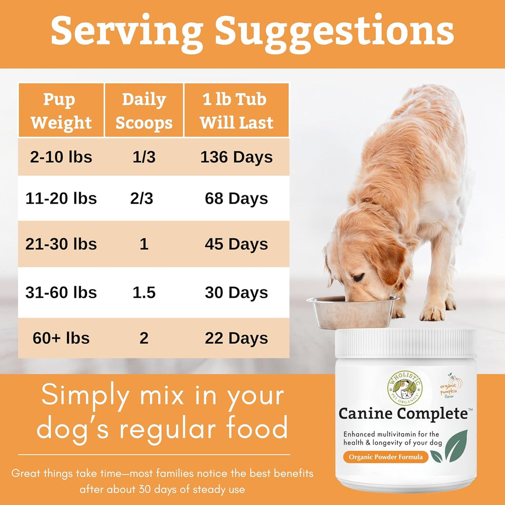 Canine Complete - Multivitamínico en polvo para perros - 454 g (1 libra) - Suplemento vitamínico diario para comida casera - Salud inmunológica, piel, pelaje y bienestar general - Todas las razas - 45 dosis