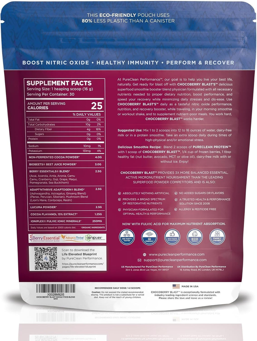 ChocoBerry Blast Superfood Powder – Mezcla Adaptógena de Superbayas con Remolacha, Champiñones y Polifenoles – Apoyo para la Recuperación, Energía y Salud Intestinal – Chocolate (480g)