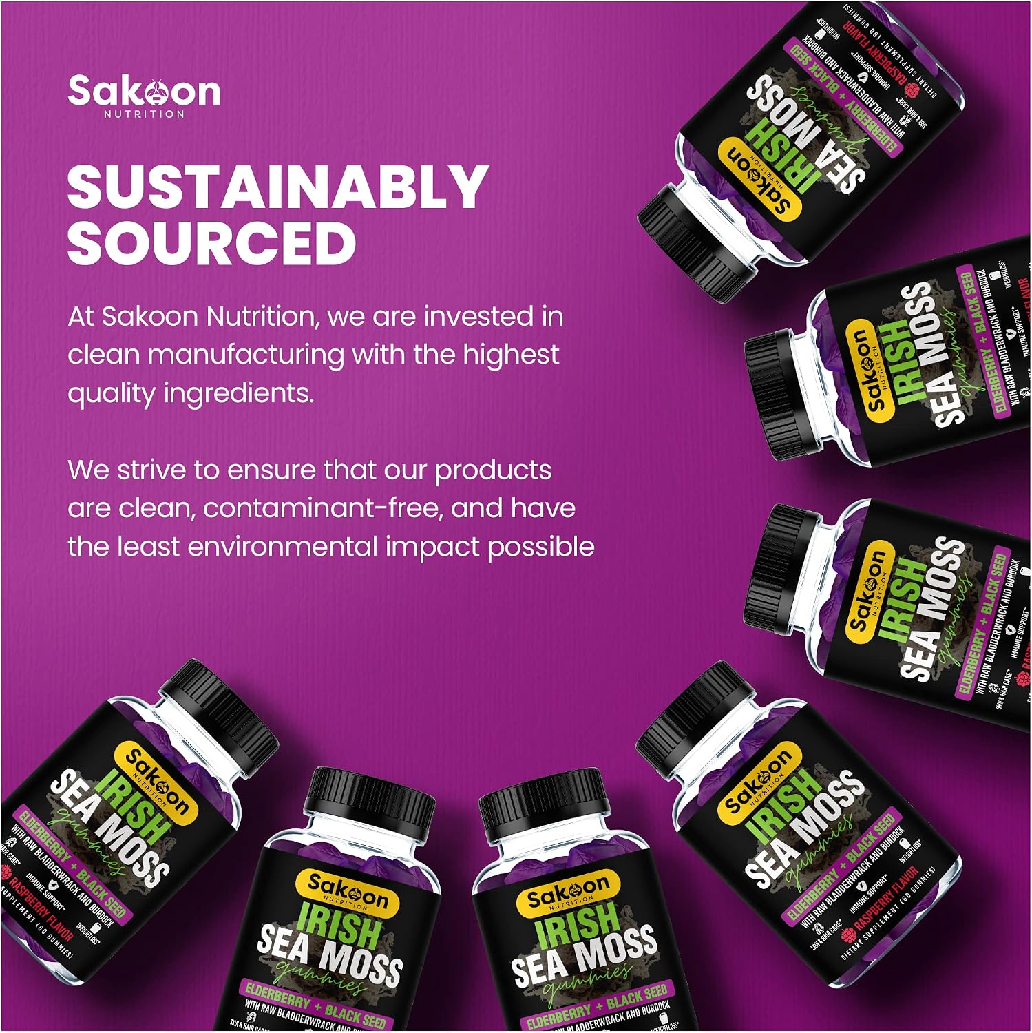 Sakoon nutrition - Gominolas de Musgo de Mar Irlandés con Saúco y Aceite de Semilla Negra, Sabor Frambuesa, 60 ud.