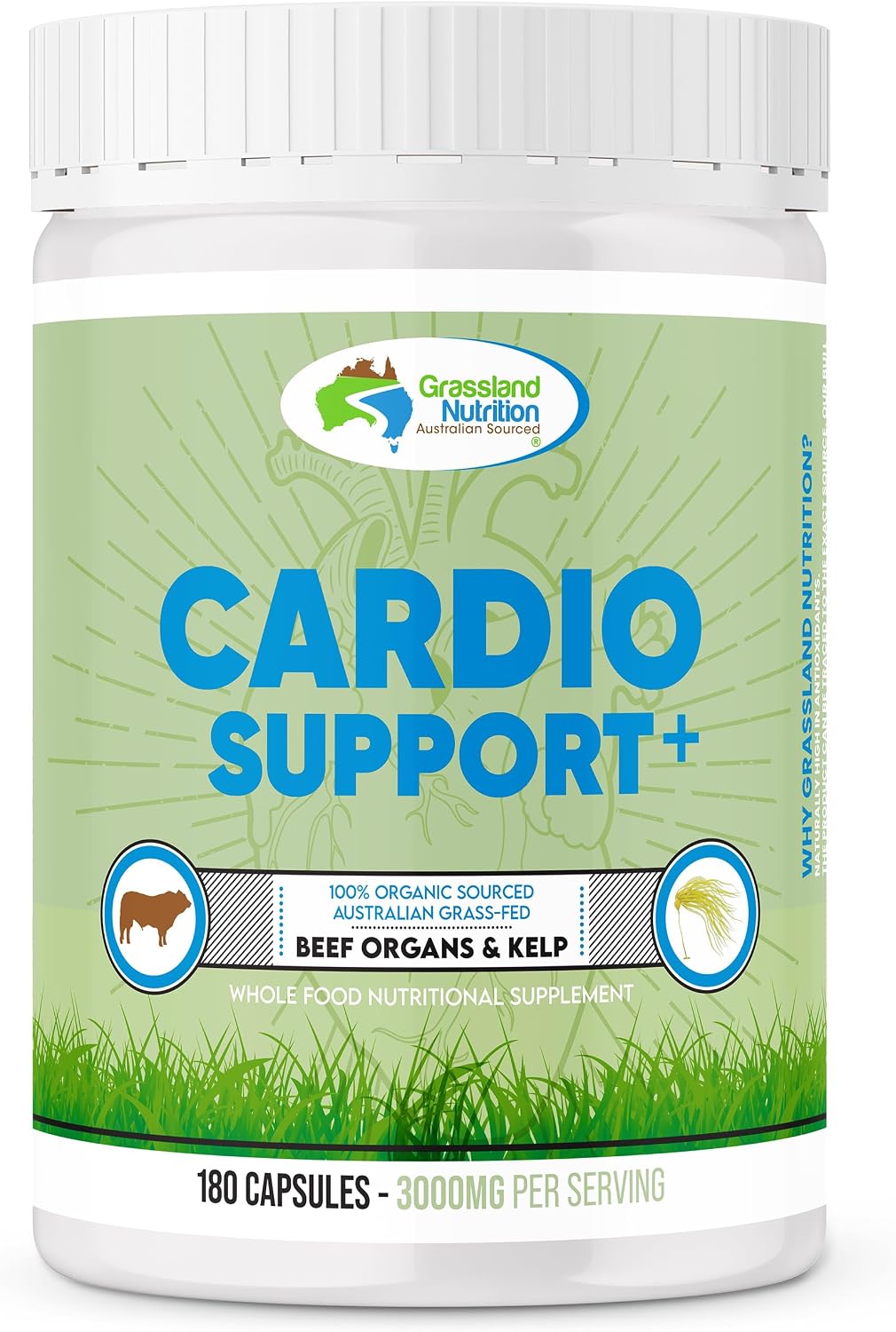GRASSLAND NUTRITION Cardio Support - Mezcla de Órganos de Vacuno con CoQ10, B12 y Yodo, 180 Cápsulas