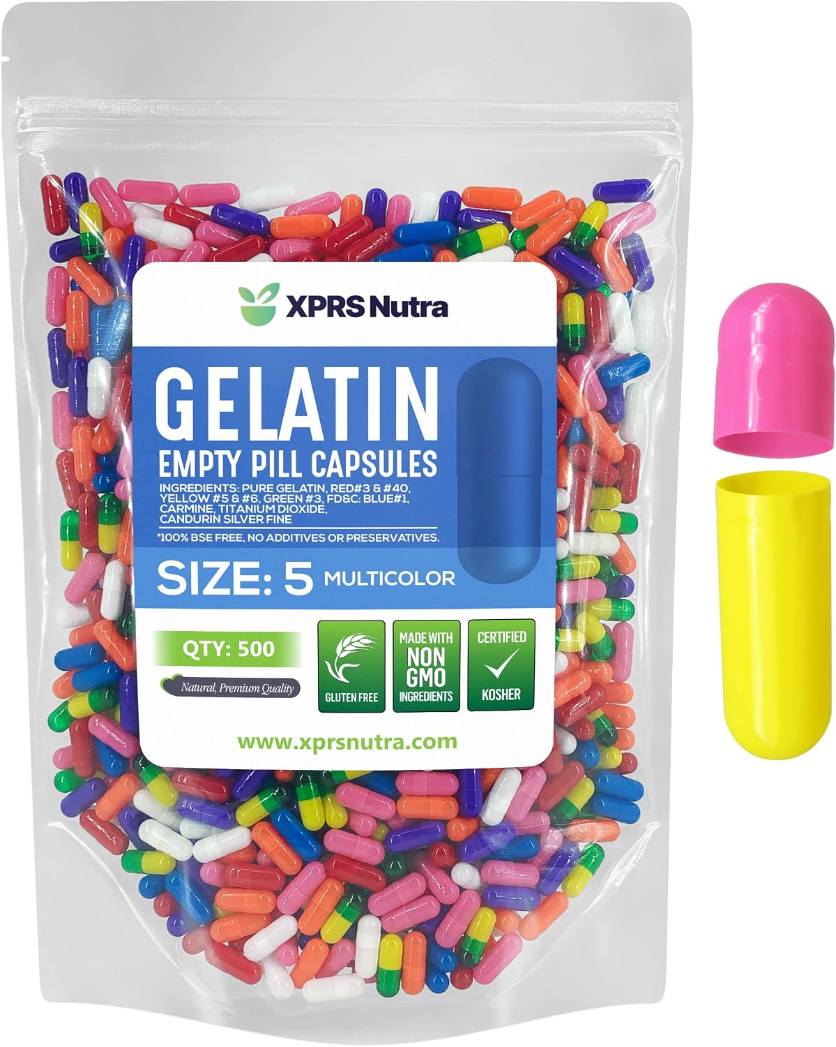 XPRS Nutra Cápsulas Vacías Tamaño 5 - 500 uds Cápsulas de Gelatina Pequeñas - Llenado DIY para Suplementos (Multicolor)