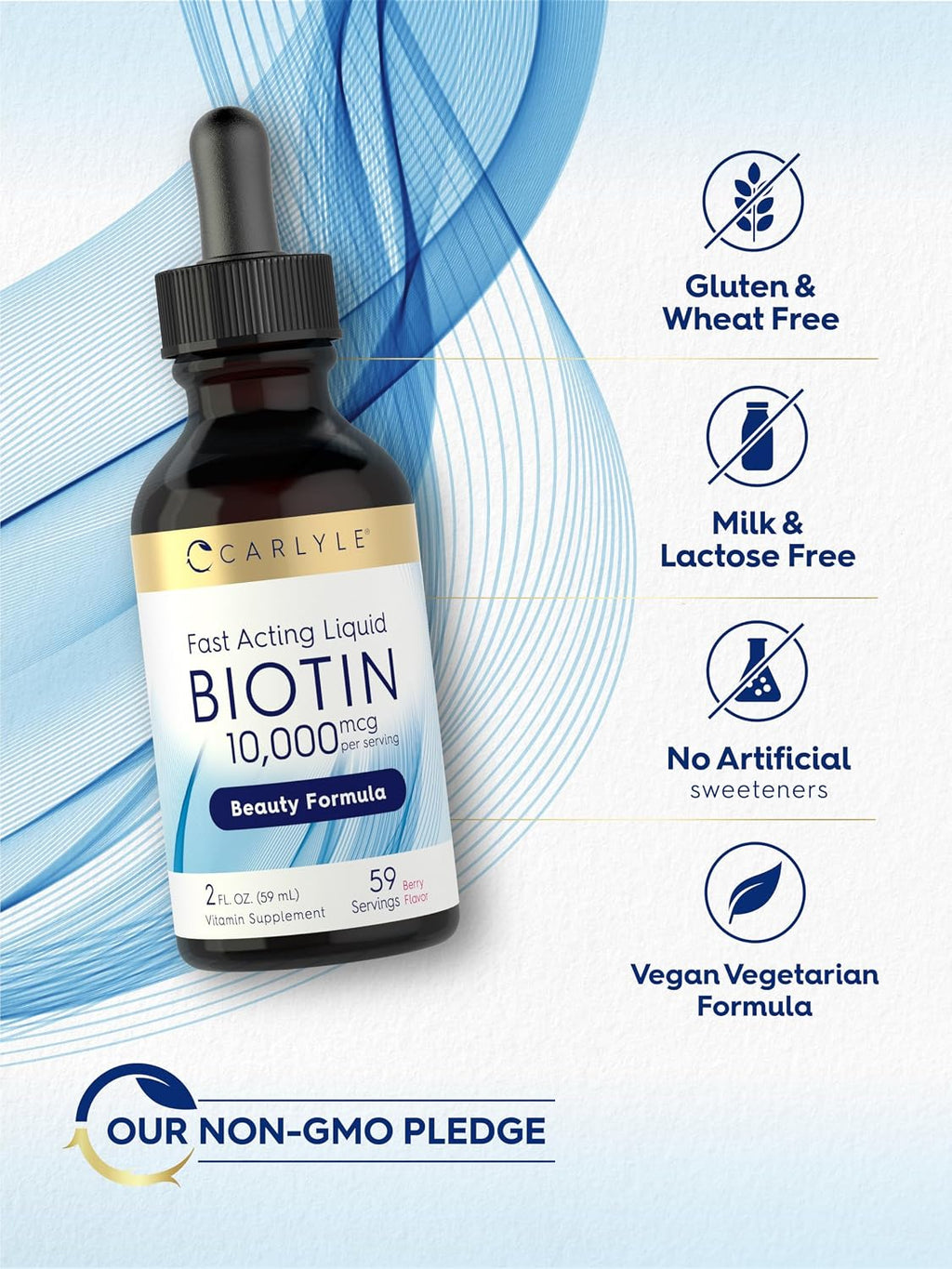 Carlyle Biotina Líquida 10000mcg | 59 ml | Gotas de Alta Concentración | Suplemento Vegetariano, No GMO, Sin Gluten