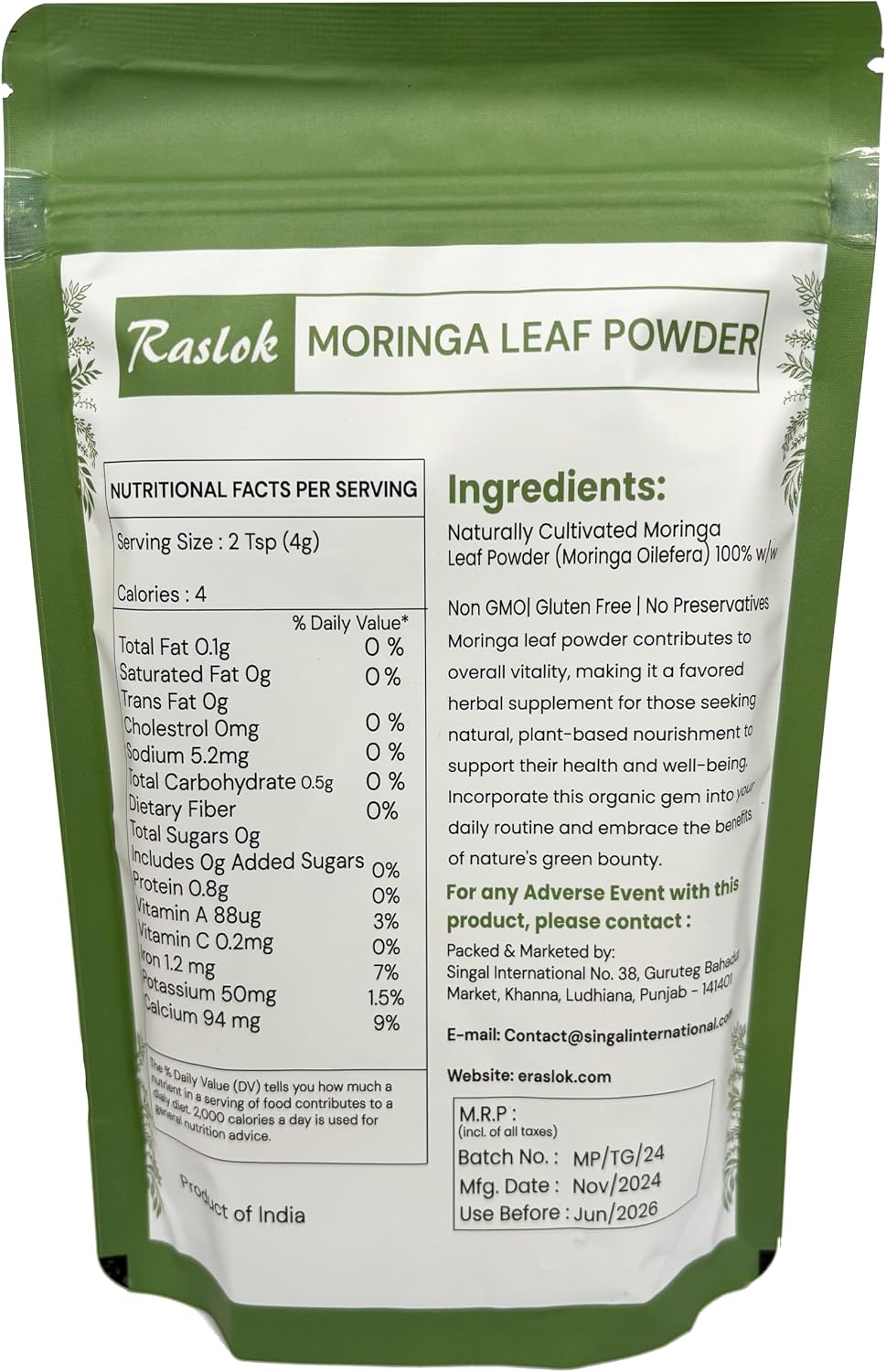 Moringa en Polvo | 100% Pura Hoja de Moringa sin Tallos | Raslok (226 g)