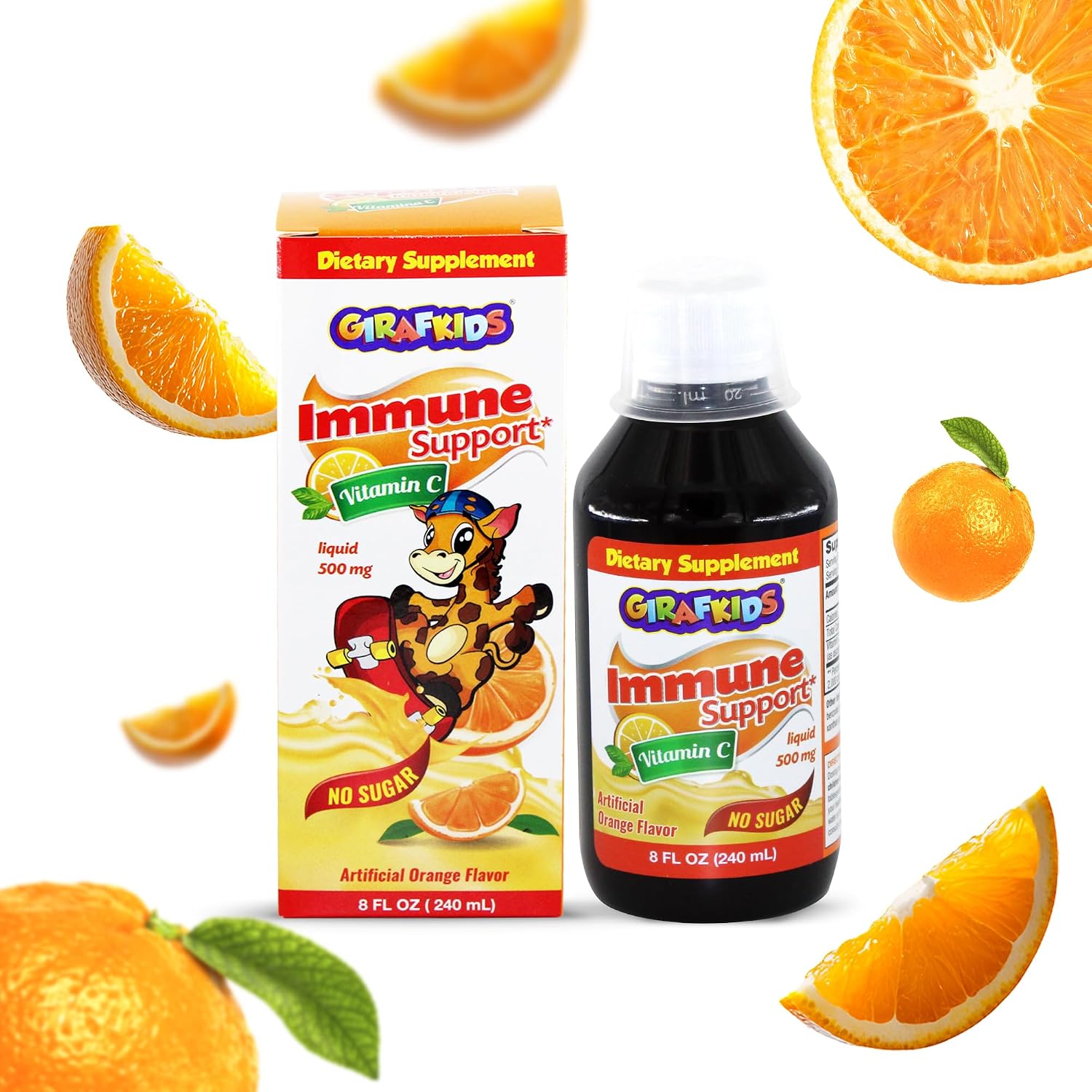 GirafKids Liquid Vitamin C for Kids Ages 4+ | 8 Fl Oz, 500mg | No-Sugar Formula with Safe, Premium Ingredients | Delicious Orange Flavor | Immune Support & Energy Boost