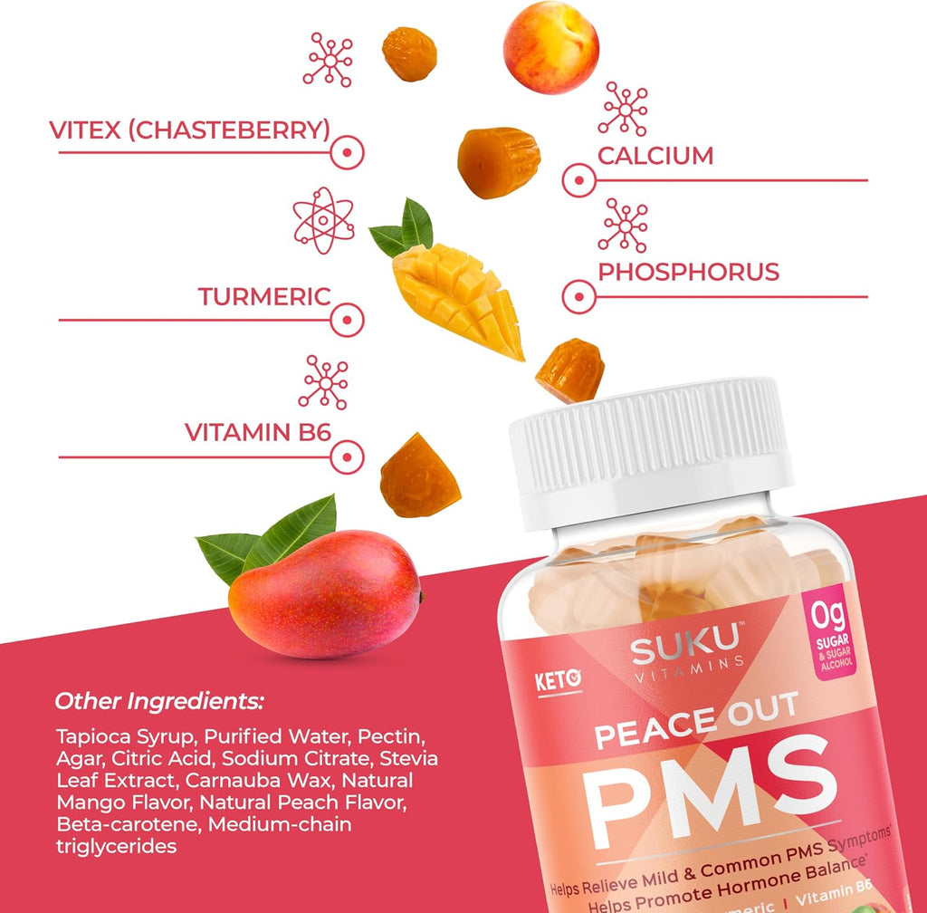 SUKU Vitamins - Gomitas para el síndrome premenstrual con Vitex (Sauco casto) - Sabor melocotón y mango - 50 gomitas