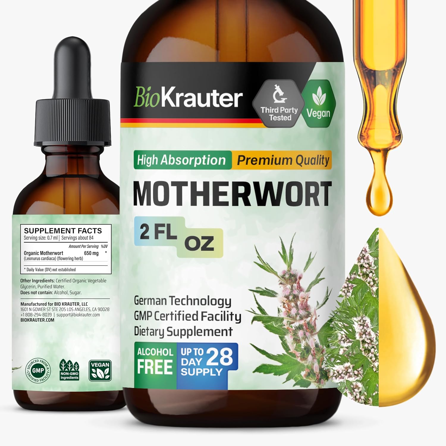 BIO KRAUTER® Tintura de Motherwort - Suplemento Vegano para la Menopausia y Perimenopausia - 2 Fl Oz (59 ml) - 28 Días de Suministro