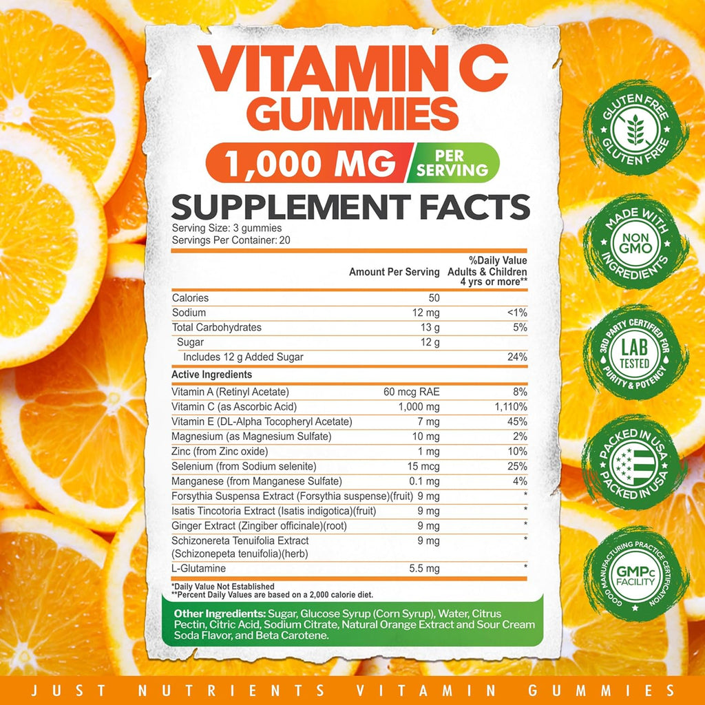 Vitamin C Gummies 1000mg – Multivitamínico masticable para adultos y niños con Zinc – Sabor naranja natural – Sin gluten, sin OGM, vegetariano – 60 gominolas