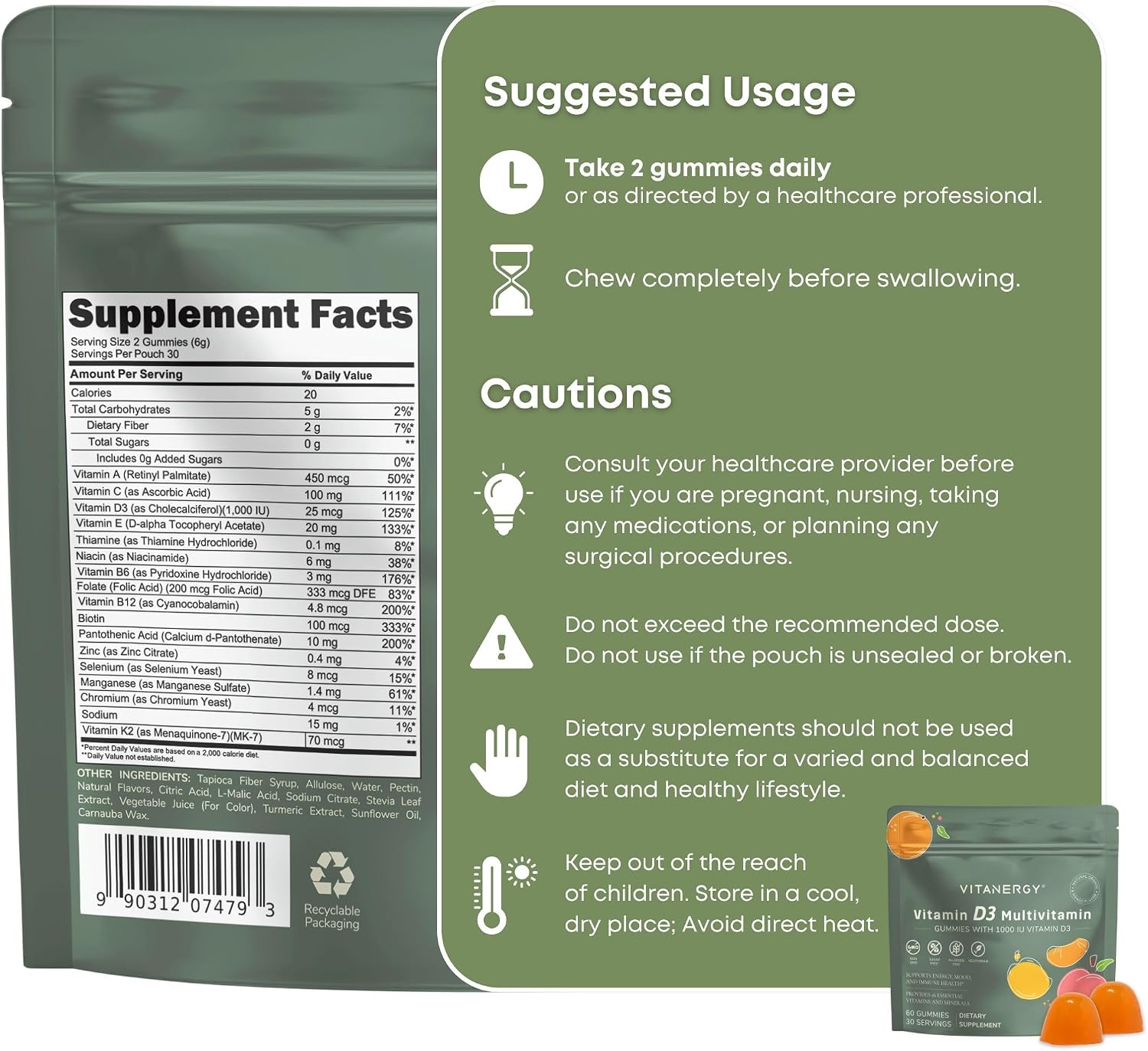 Vitanergy Women's Multivitamin Gummies con D3 y K2 - 60 Gominolas Sin Azúcar