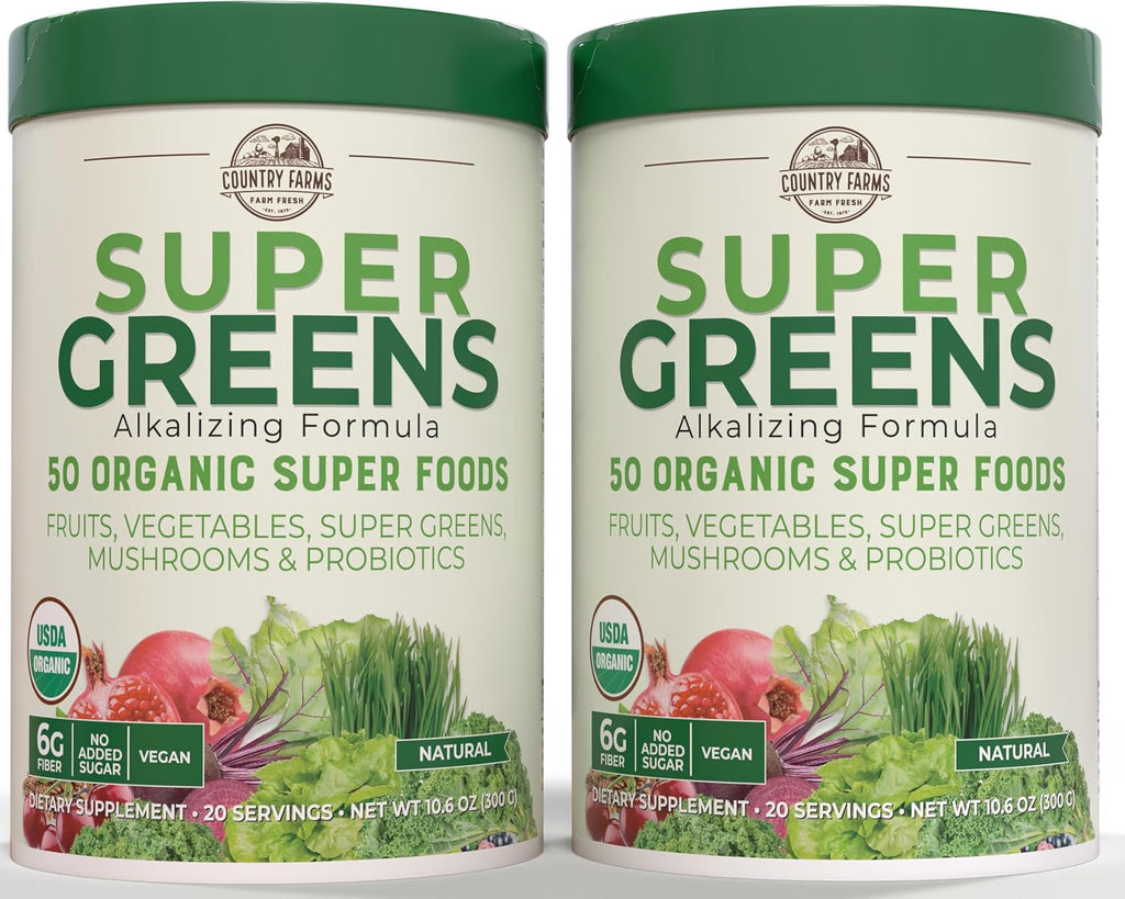 Country Farms Super Greens Sabor Natural, 50 Superalimentos Orgánicos, USDA Organic, Mezcla de Verduras, Frutas, con Fibra, Hongos y Probióticos, Apoya la Energía, 60 Porciones, 900g