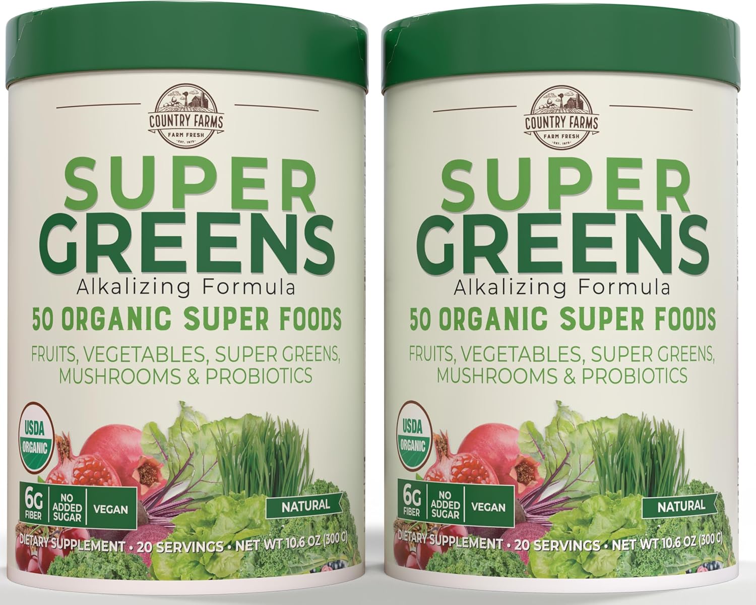 Country Farms Super Greens Sabor Natural, 50 Superalimentos Orgánicos, USDA Organic, Mezcla de Verduras, Frutas, con Fibra, Hongos y Probióticos, Apoya la Energía, 60 Porciones, 900g