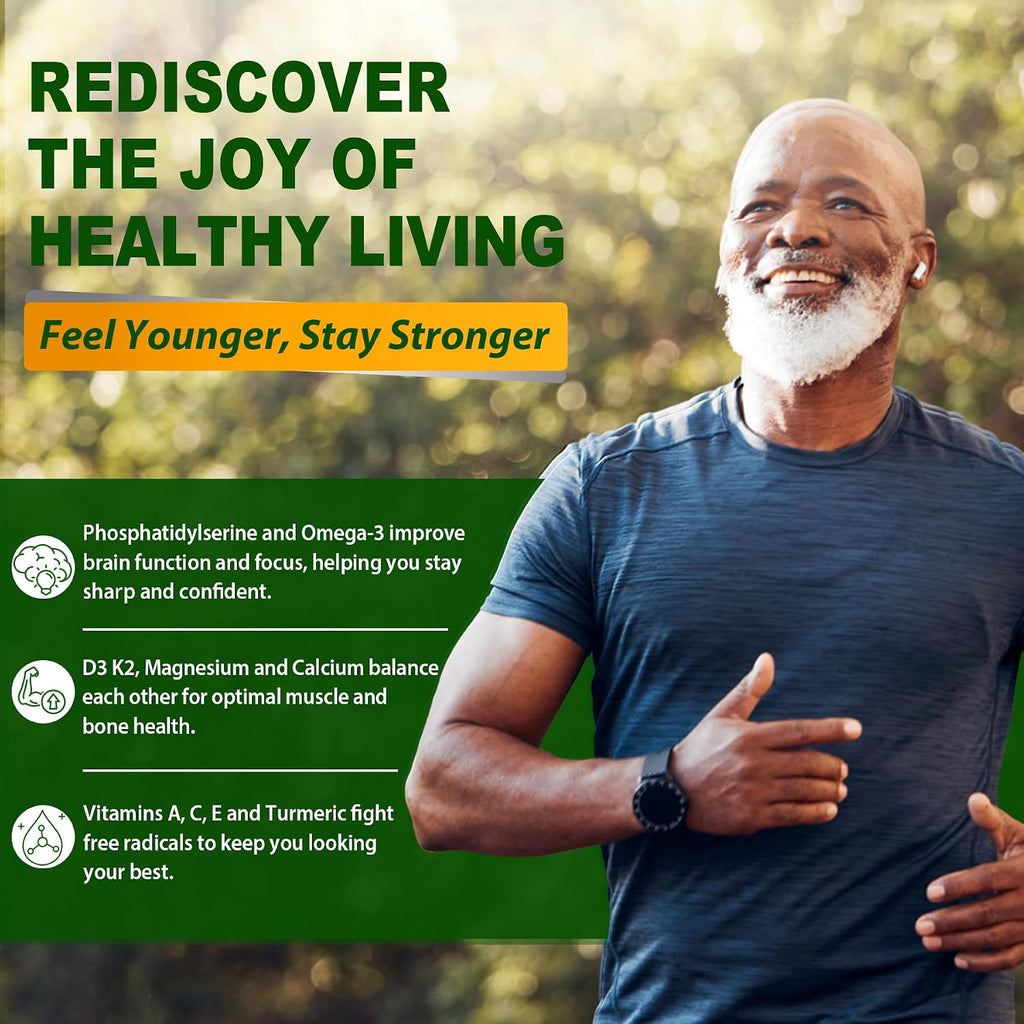 Multivitamínico para Hombres 50+ Sin Azúcar con Omega-3, CoQ10, D3K2, Calcio, Magnesio, Zinc y Vitaminas A, C y E - 60 Gomitas