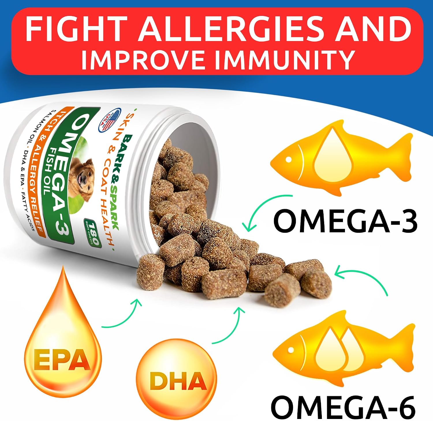 BARK&SPARK Omega 3 para Perros y Gatos - 180 Golosinas de Aceite de Salmón