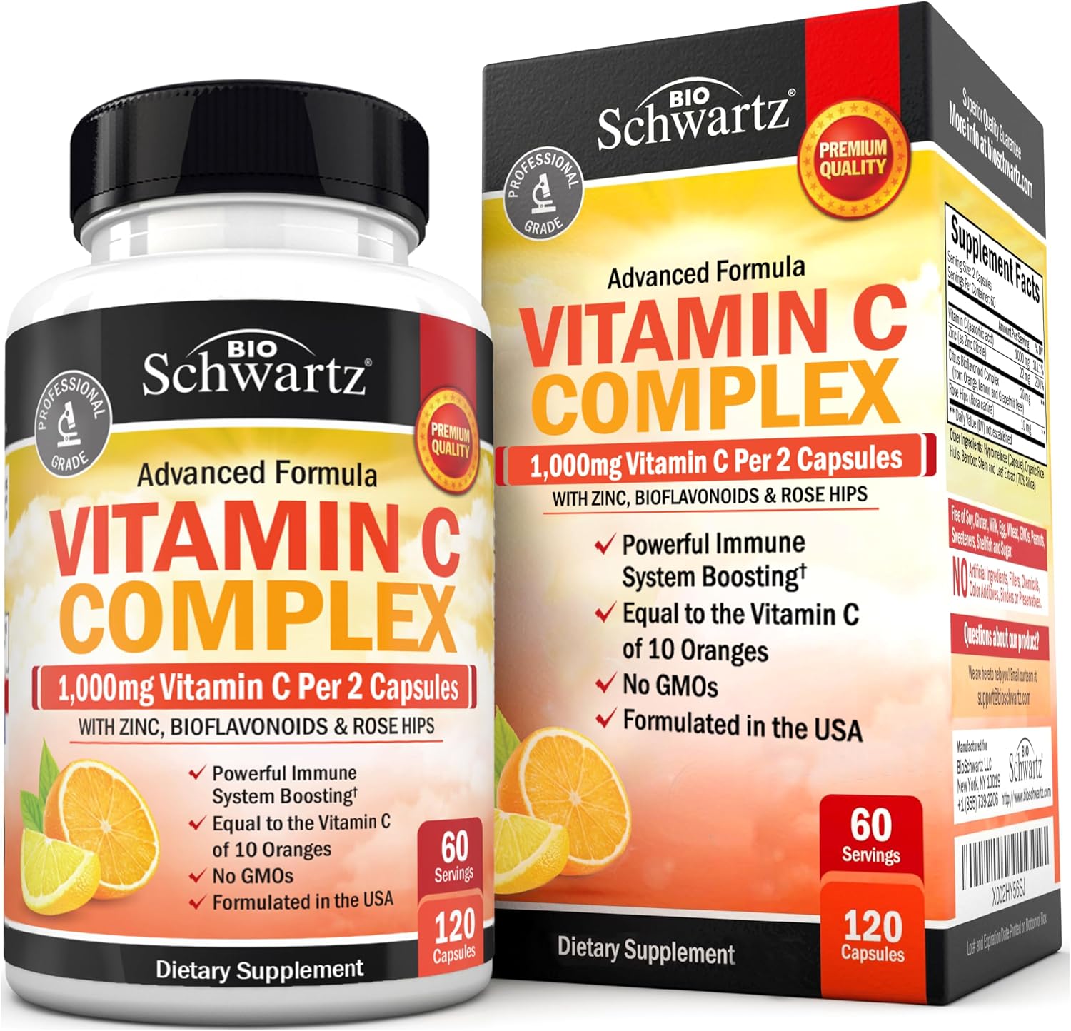 BioSchwartz Complejo de Vitamina C - 1000 mg con Escaramujo, Zinc y Bioflavonoides Cítricos, 120 Cápsulas