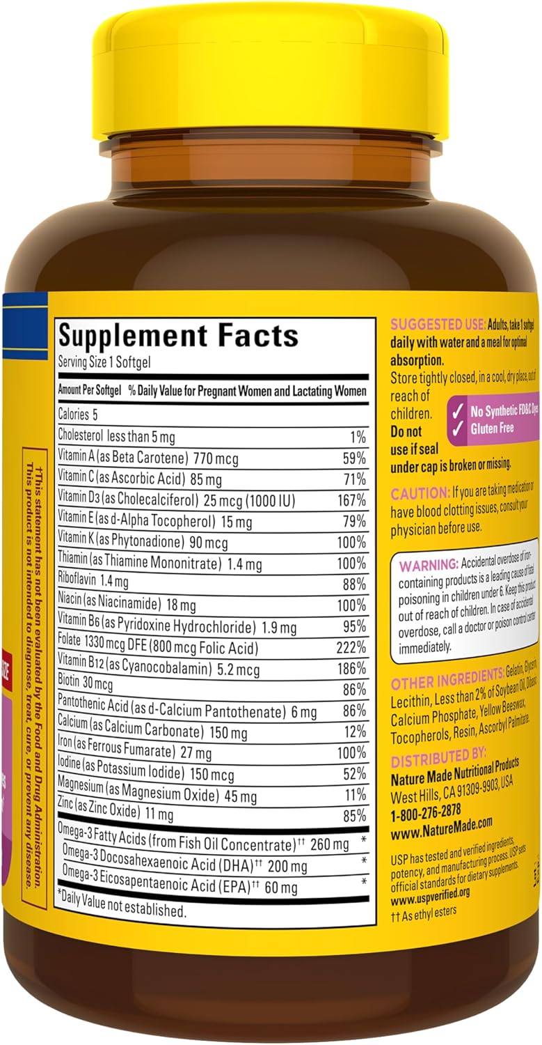 Nature Made Prenatal Vitamin + DHA Softgel con Ácido Fólico, Yodo y Zinc, 90 Cápsulas