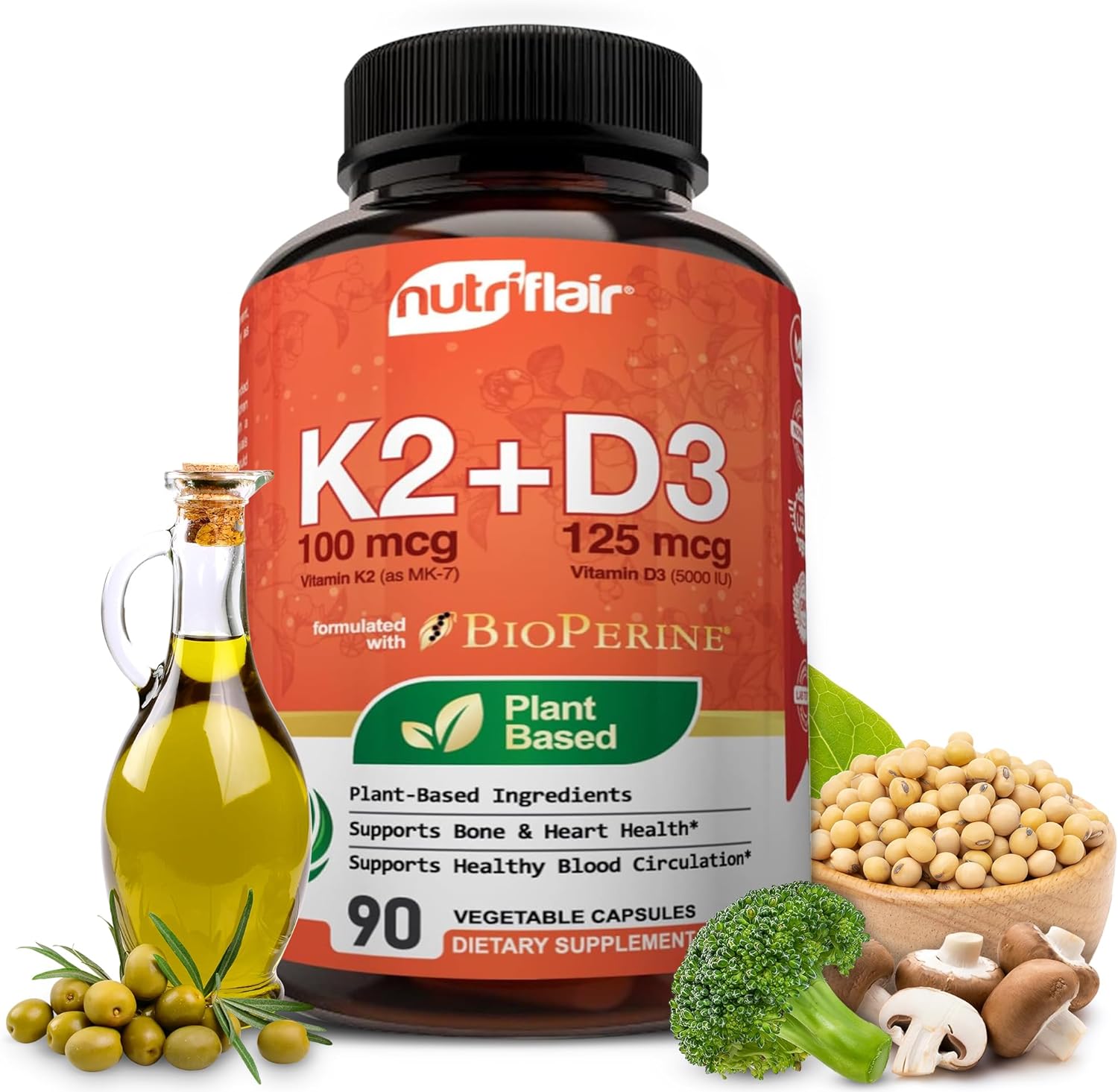 NutriFlair Vitamina D3 5000 UI + K2 MK-7 100 mcg – 90 Cápsulas Veganas