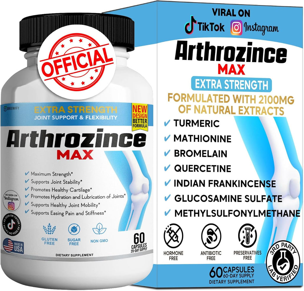 Arthrozince Max Extra Strength Joint Support – Glucosamina, Condroitina, MSM, Boswellia, Cúrcuma – 60 Cápsulas