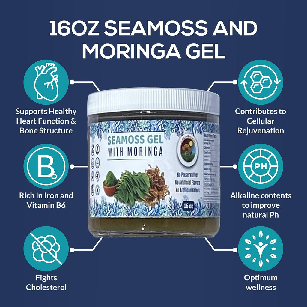 Gel de Sea Moss Orgánico con Moringa y Canela - Fórmula Rica en Vitaminas y Minerales - 16oz