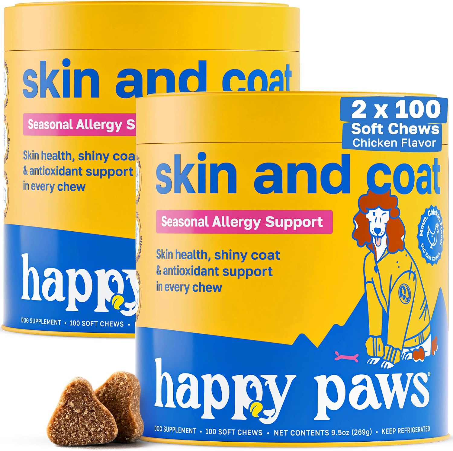 Happy Paws Suplemento para la Piel y el Pelaje de Perros, Apoyo contra Picores y Alergias, Cuidado Diario de Piel Seca y Control de Muda con Aceite de Coco y Vitamina B12, Sabor a Pollo Vegano, 200 Chews