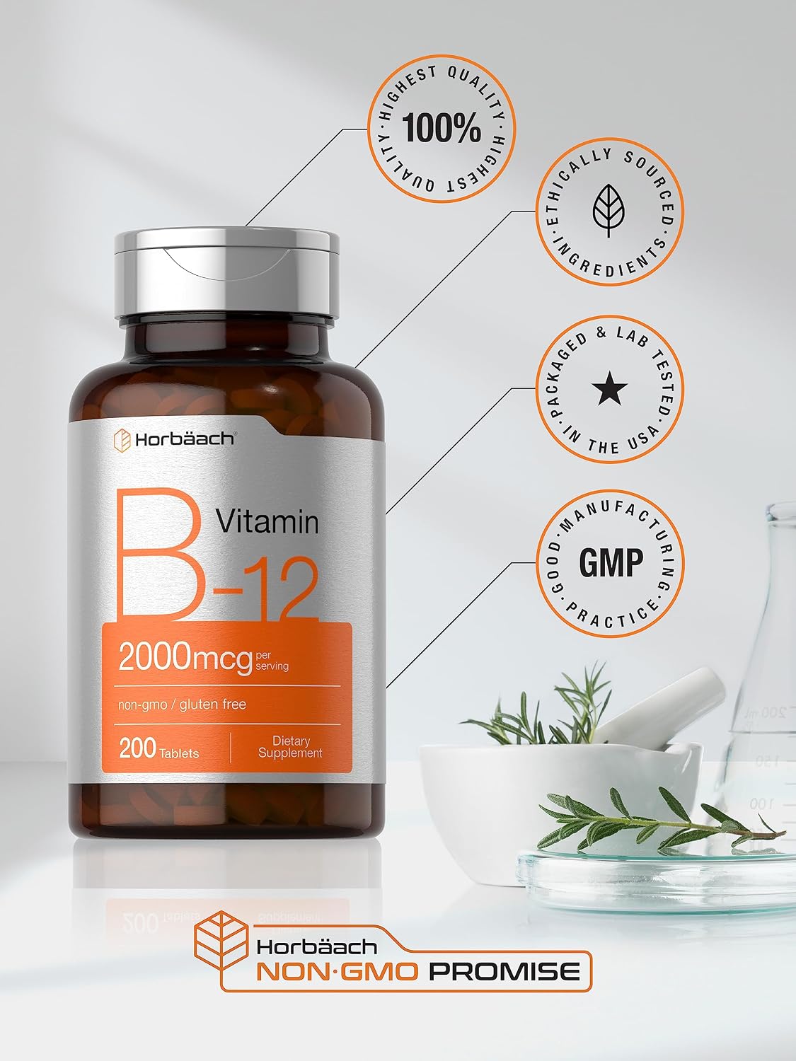 Horbäach Vitamina B12 2000 mcg | 200 Comprimidos | Suplemento Vegetariano | Sin Gluten y Sin OMG