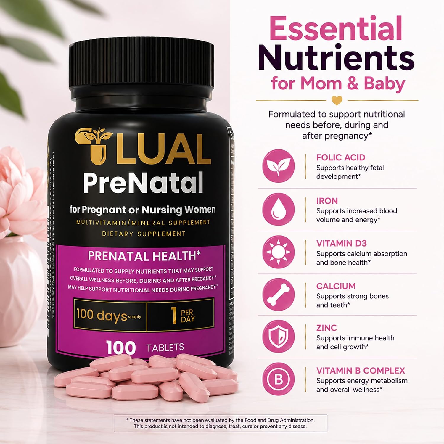 LUAL Multivitamínico Prenatal con Ácido Fólico y Hierro | 100 Comprimidos