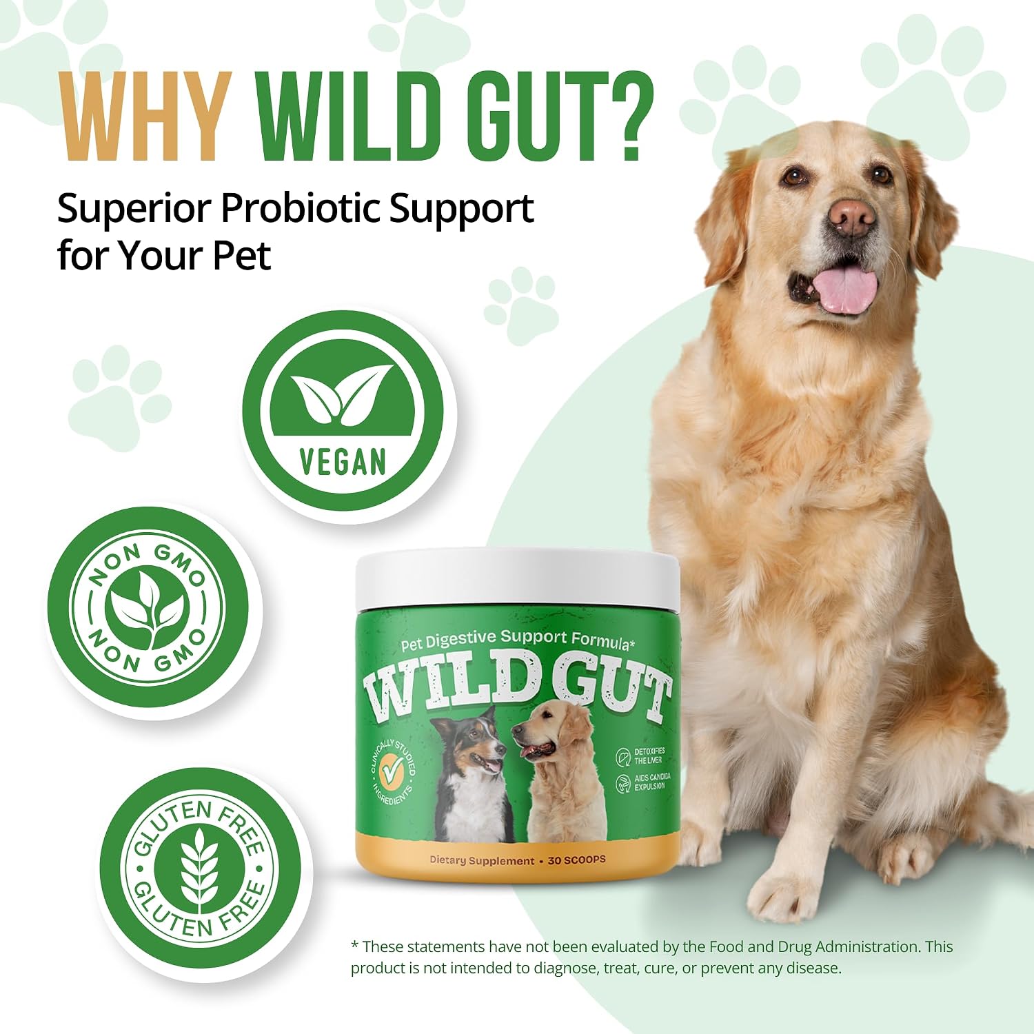 Wild Gut - Suplemento probiótico natural para mascotas | Apoya la salud digestiva y el microbioma intestinal | 8 cepas probióticas | 1 Frasco