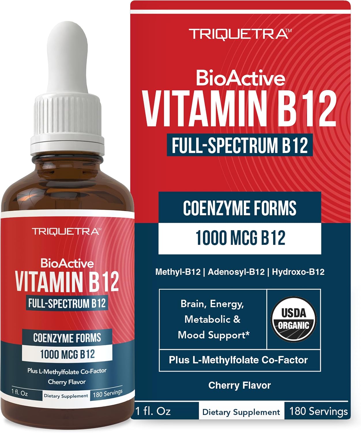 BioActive Vitamin B12 1000 mcg con 3 Formas Bioactivas y Metilfolato - Sublingual Sabor Cereza, Orgánico, Vegano (180 Dosis)