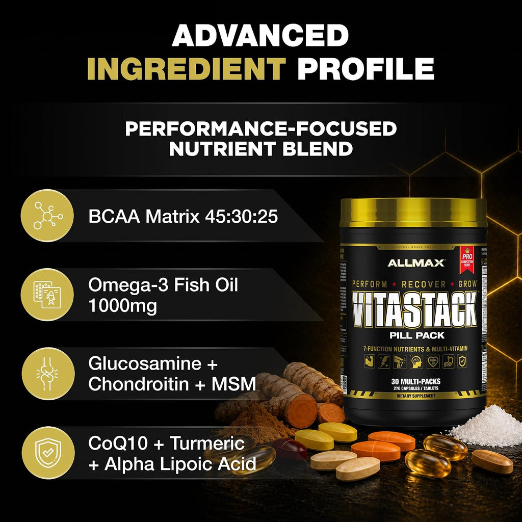 ALLMAX VITASTACK Multivitamin Packs – 30 Sobres Diarios con Omega-3, BCAA y Enzimas