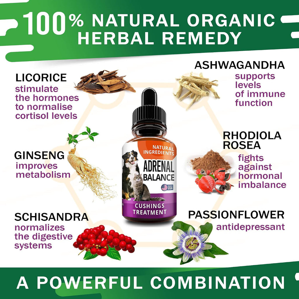 Adrenal Balance para Perros y Gatos - Tratamiento de Cushing, Apoyo Adrenal con Ashwagandha, Raíz de Regaliz, Rhodiola Rosea - 60ml Gotas Herbales