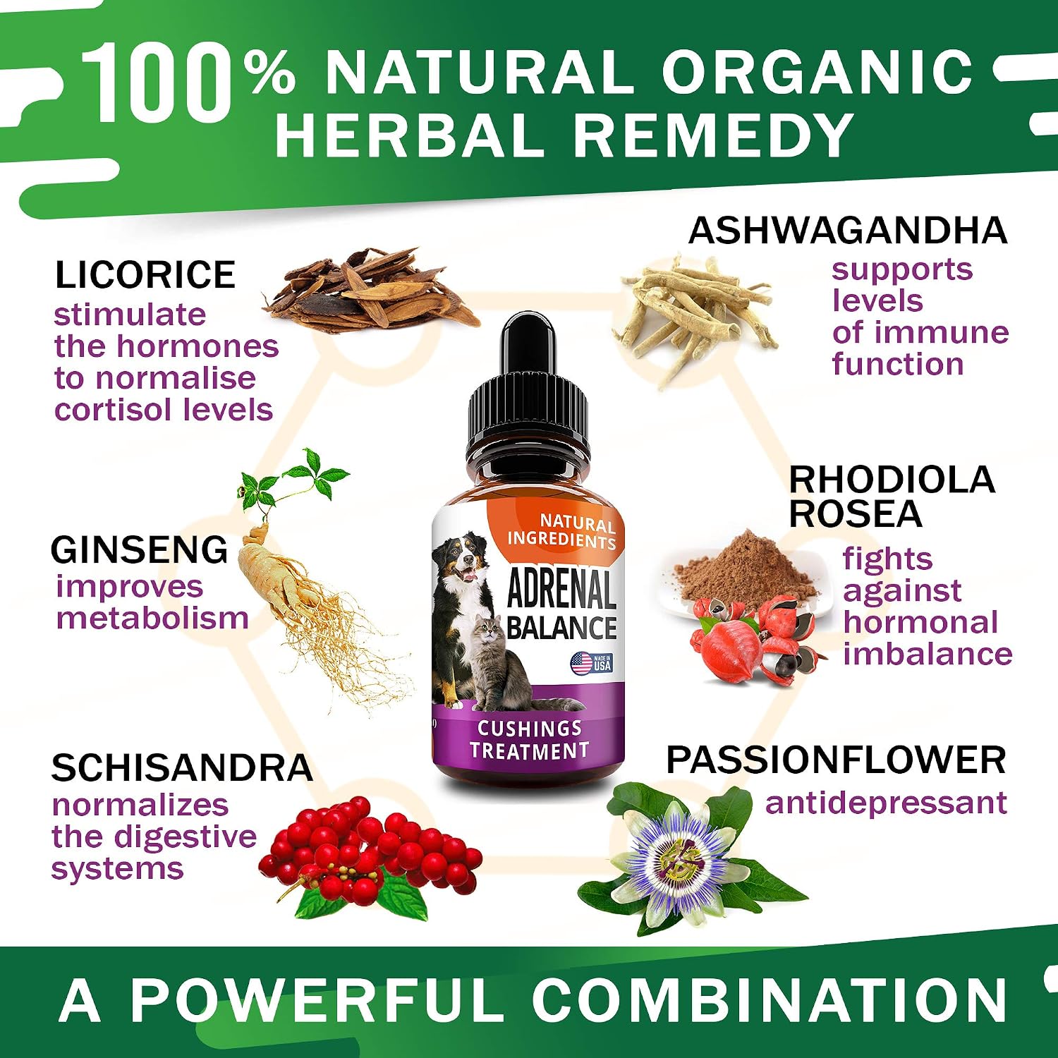 Adrenal Balance para Perros y Gatos - Tratamiento de Cushing, Apoyo Adrenal con Ashwagandha, Raíz de Regaliz, Rhodiola Rosea - 60ml Gotas Herbales
