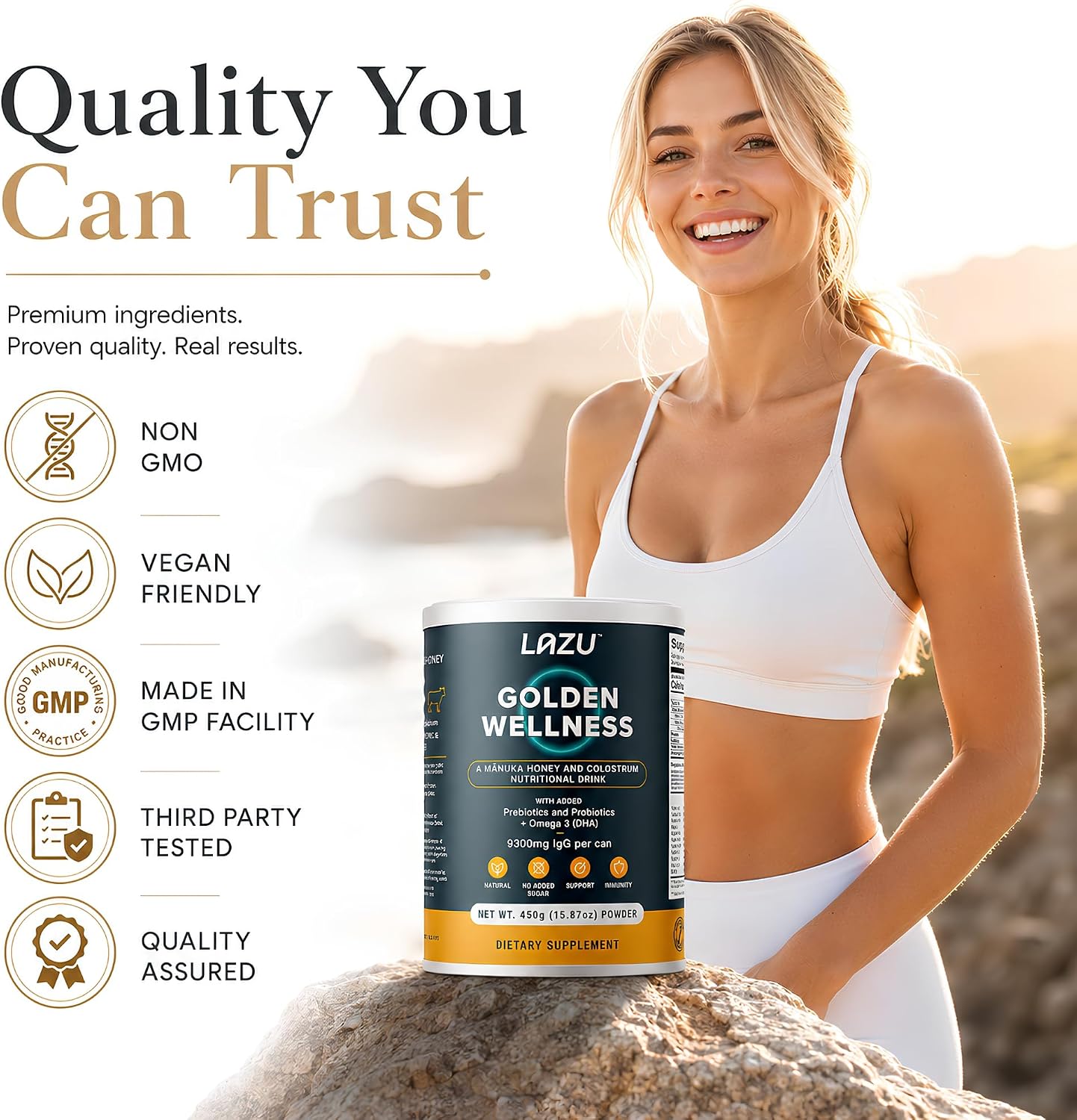 Lazu Golden Wellness Colostro Bovino con Miel de Manuka, Probióticos y Omega-3 - 450g