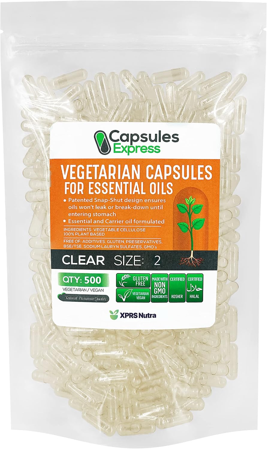 XPRS Nutra Cápsulas Veganas Vacías Tamaño 0 - 100 Unidades Transparentes para Aceites Esenciales
